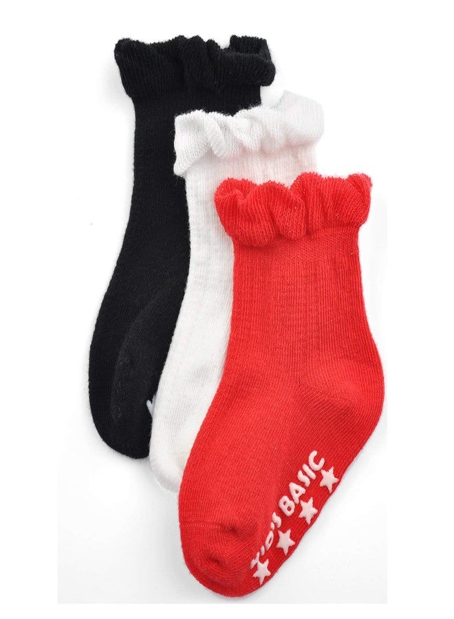 EPEIUS 6 Pairs Little Girls Non Slip Ruffle Frilly Socks Pointelle Toddlers Crew Socks with Grips Natural White/Black/Red/Pink/Grey Blue,3-5 Years - Image 2
